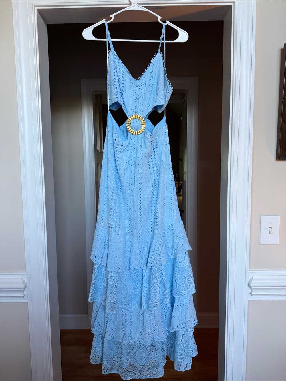 Sky Blue Eyelet Tiered Maxi Dress with Decorative Ring Cutout